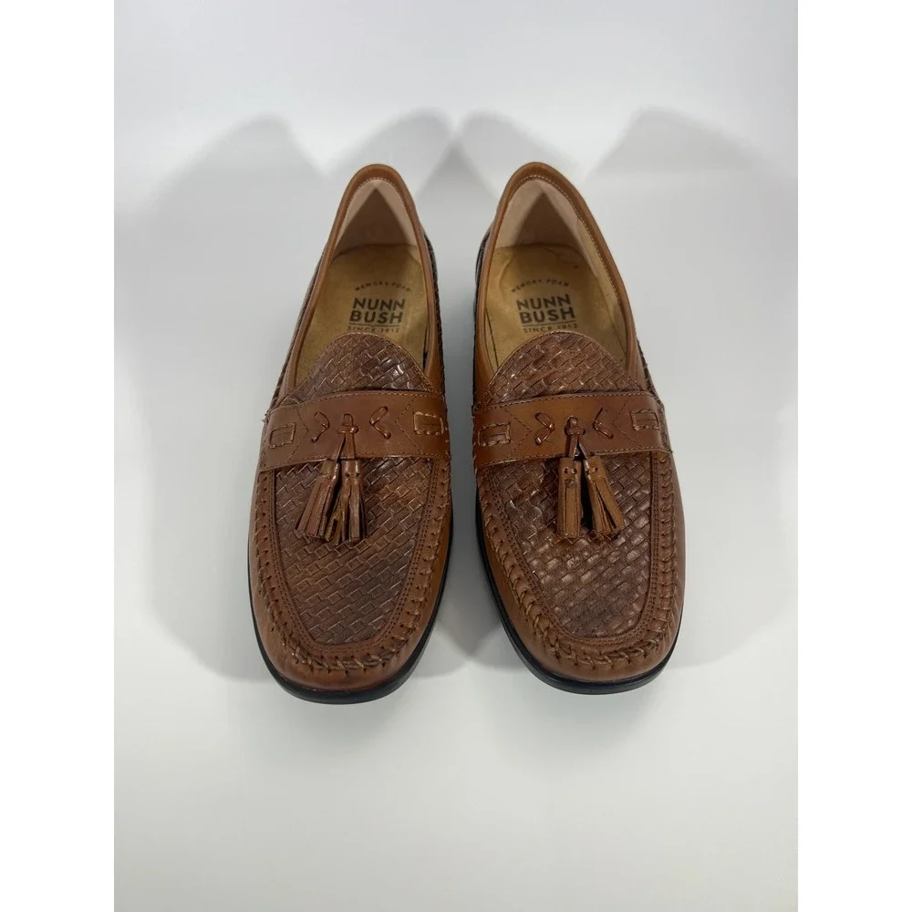Nunn Bush Mens Cognac Brown Woven Leather Tassel Loafers Size 10.5 M